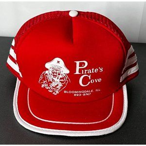 Vintage San Sun Three Stripe Mesh Trucker SnapBack Cap Hat pirates cove Illinois